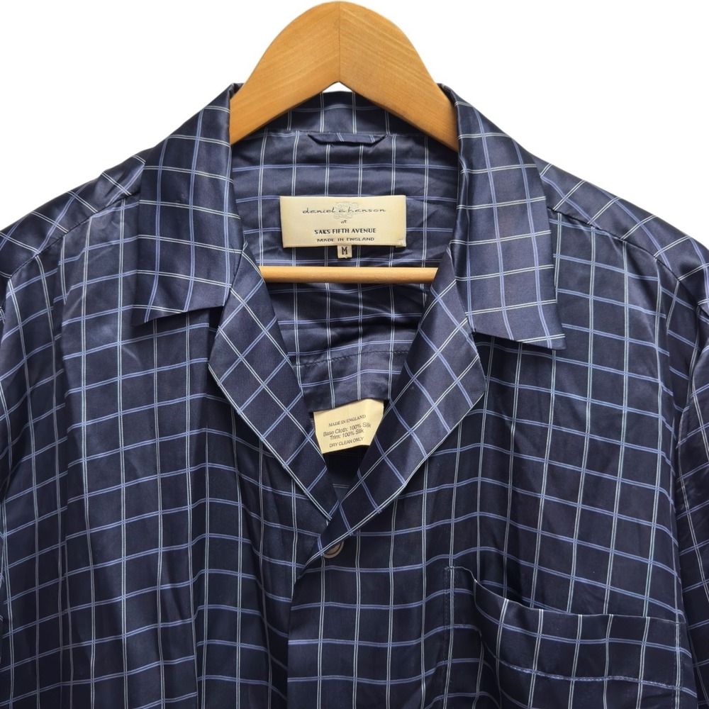 Daniel A Hanson Mens Sz M Navy Blue Satin Silk Plaid Button Front Pajama Top euc